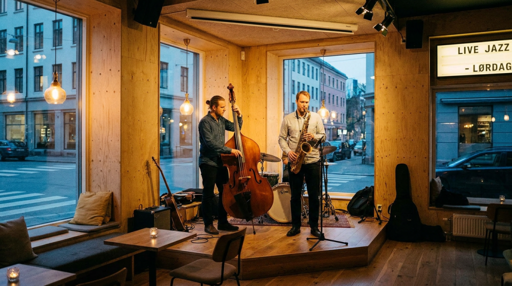 Amatörmusiker spelar jamsession jazz tillsammans med kontrabas på en levande jazzklubb