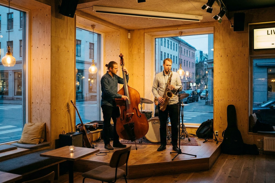 Amatörmusiker spelar jamsession jazz tillsammans med kontrabas på en levande jazzklubb