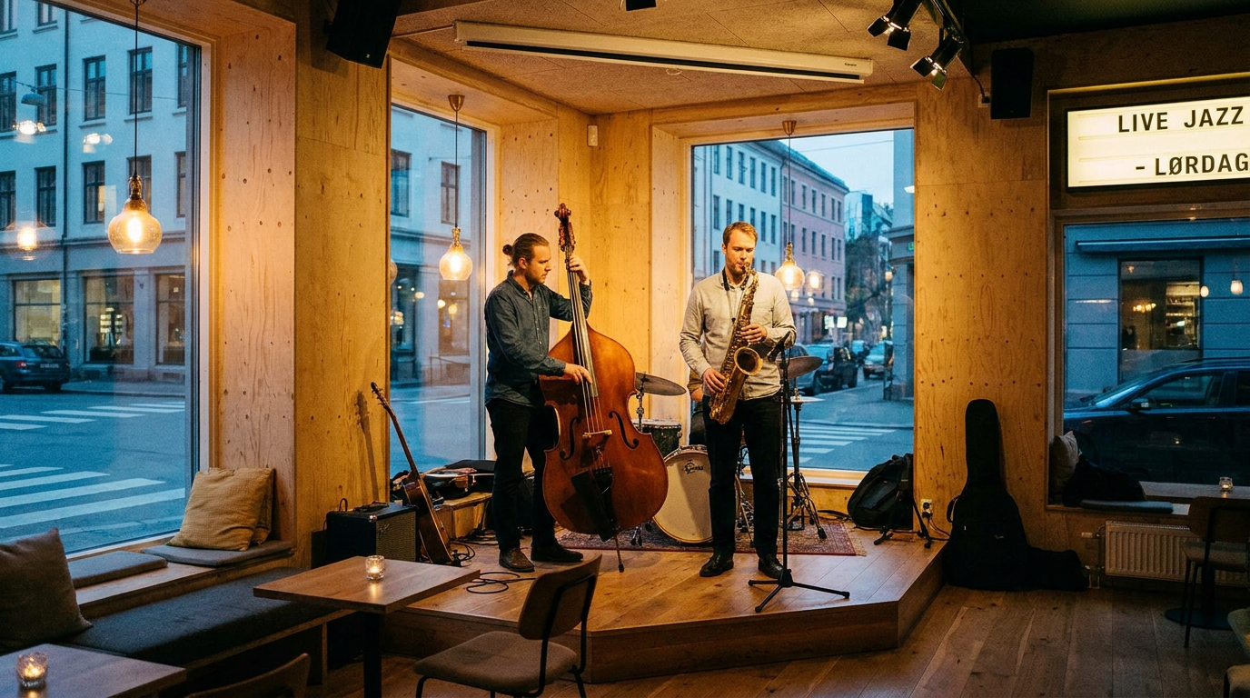 Amatörmusiker spelar jamsession jazz tillsammans med kontrabas på en levande jazzklubb